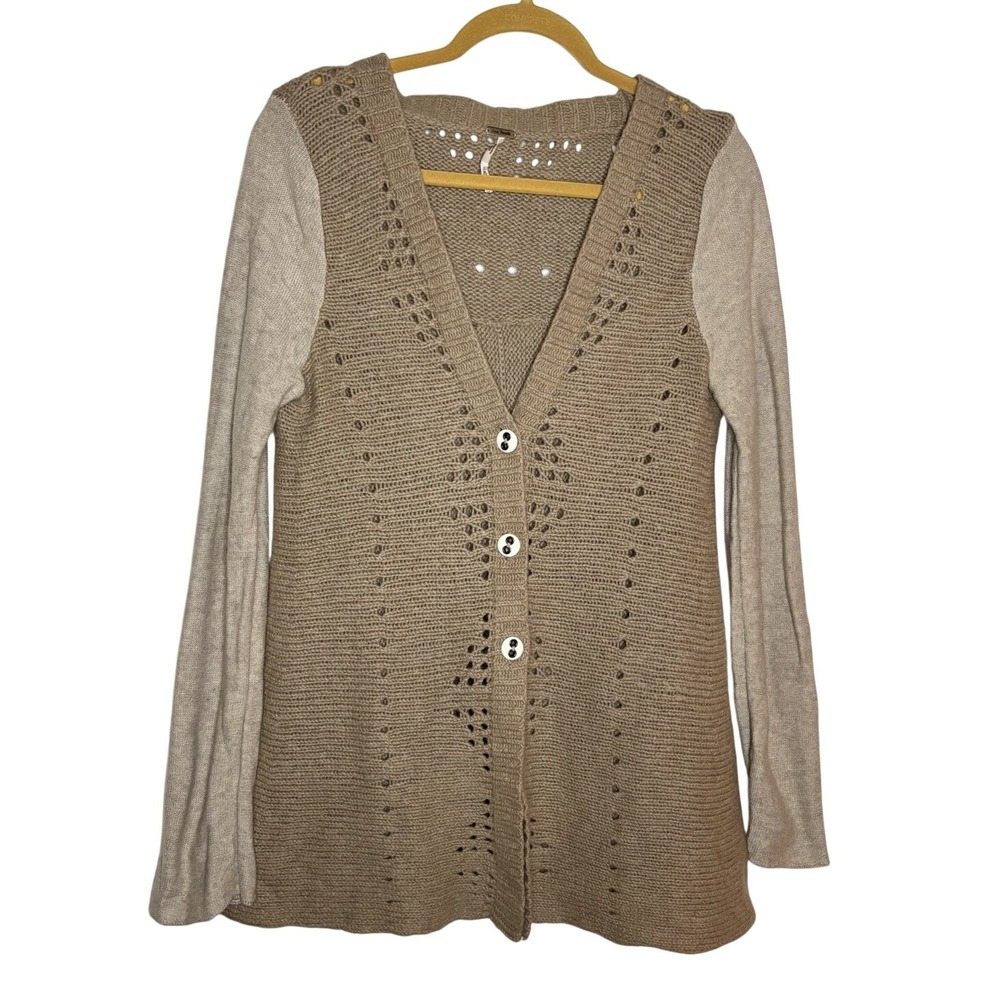 Free‎ People Cardigan Women Wool Blend Lace Back Pointelle Sweater Taupe Boho